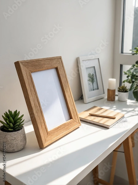Obraz table with wooden photo frames. Still life