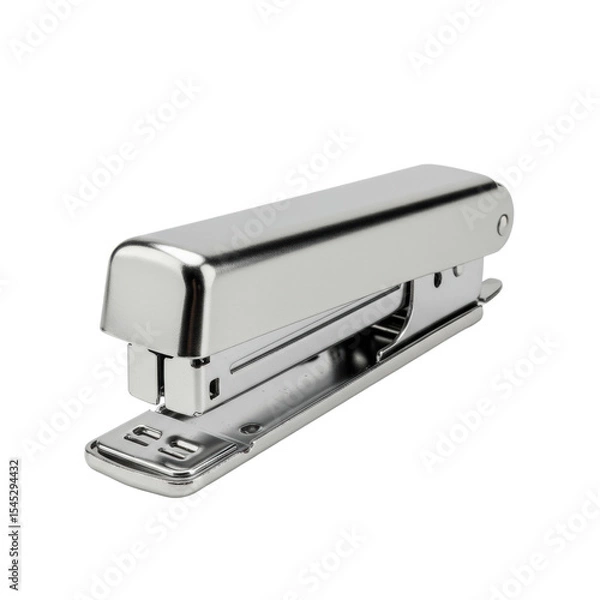 Fototapeta A heavy-duty metal stapler, polished silver, classic ergonomic design with visible loading mechanism and base pad, isolated on a pristine transparent seamless studio background, product photography