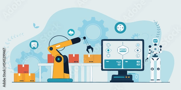 Fototapeta flat vector design future digital manufacturing with ai robotics automation working process concept 