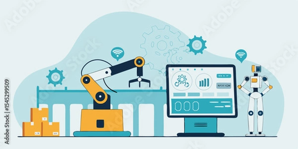 Fototapeta flat vector design future digital manufacturing with ai robotics automation working process concept 