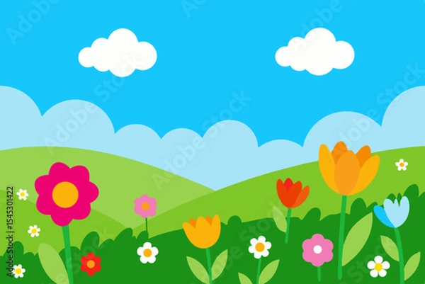 Fototapeta Cartoon spring meadow landscape with colorful flowers