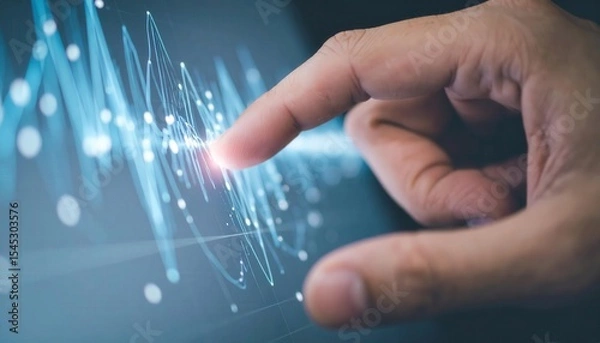 Fototapeta Hand Touching Digital Sound Wave Interface with Signal Processing Elements