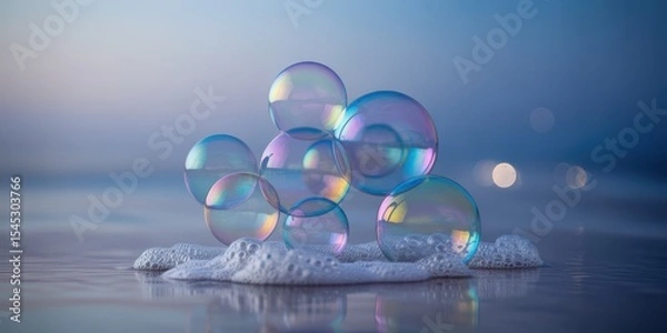 Fototapeta Soap Bubbles on Water Surface with Reflections