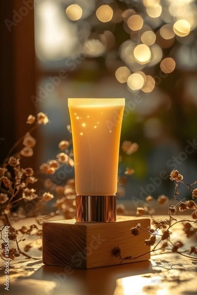 Fototapeta The hydrating bb cream glows softly under the light, with a blurred background and floating light spots
