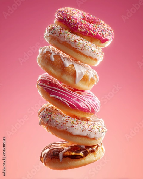 Fototapeta Six donuts with bright pink, white, and chocolate icing float in a vertical stack over a soft pink background with crumbs.
