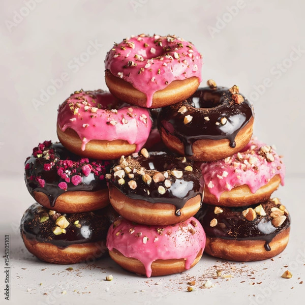 Fototapeta Tasty donuts with chocolate and pink icing are stacked high, topped with chopped nuts and sprinkles on a soft surface.