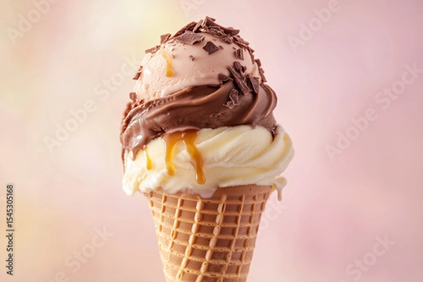 Fototapeta Cone with three scoops of vanilla, chocolate, and strawberry ice cream topped with chocolate flakes and dripping caramel sauce.