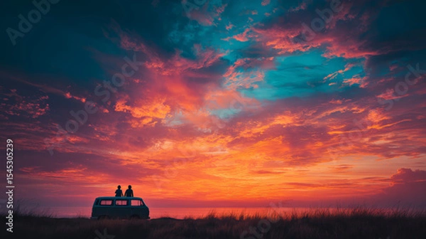 Fototapeta Two silhouetted people sit on top of a camper van in a grassy field, watching an intense red and teal sunset sky.