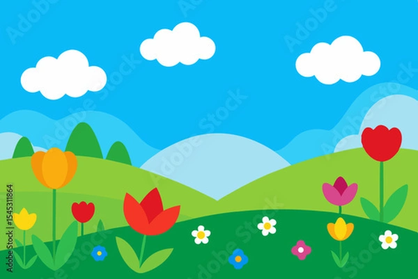 Fototapeta Spring landscape with colorful tulips and flowers