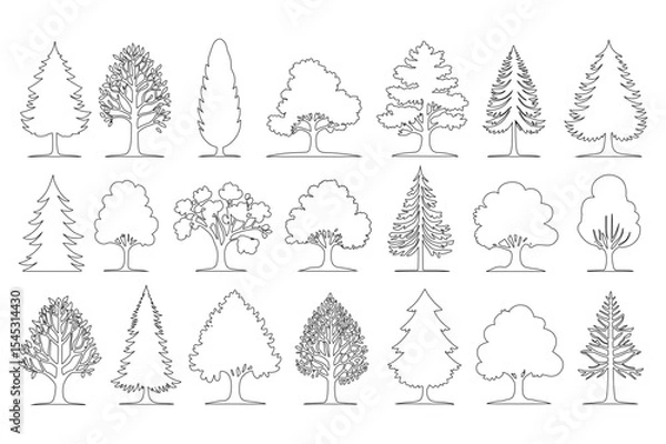 Fototapeta Collection of Simple Line Art Tree Illustrations 20 Different Tree Types for Design Projects