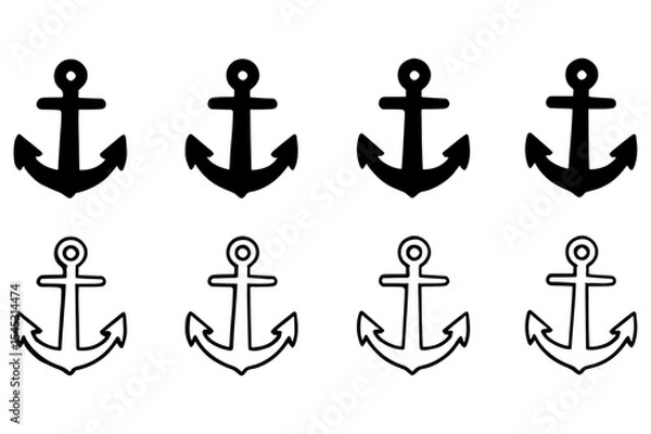 Fototapeta Set of Eight Nautical Anchors Simple Black and White Anchor Illustrations for Design Projects