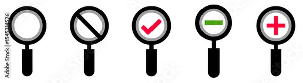 Fototapeta Magnifying Glass Icons Set of Five Versatile Search Symbols for UI Design, Representing Accept, Reject, Add, Remove, and Search Functions
