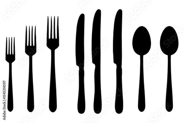 Fototapeta Silhouette Cutlery Set Forks, Knives, Spoons - Simple Black and White Vector Illustration