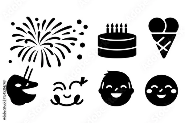 Fototapeta Celebration Icons Fireworks, Cake, Ice Cream, Happy Faces, and More – Perfect for Festive Designs