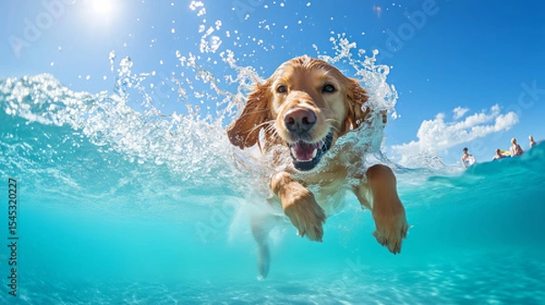 Fototapeta Golden retriever leaps through ocean water on a sunny day, surrounded by splashing turquoise waves and playful beachgoers.