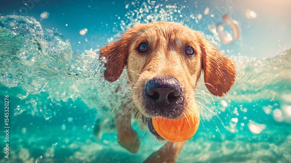 Fototapeta Golden retriever swims underwater, holding an orange ball in its mouth with splashing water around in clear blue pool.