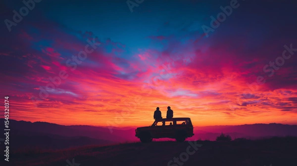 Fototapeta Two silhouetted figures sit on SUV at hilltop during dramatic red and blue sunset sky filled with textured evening clouds.