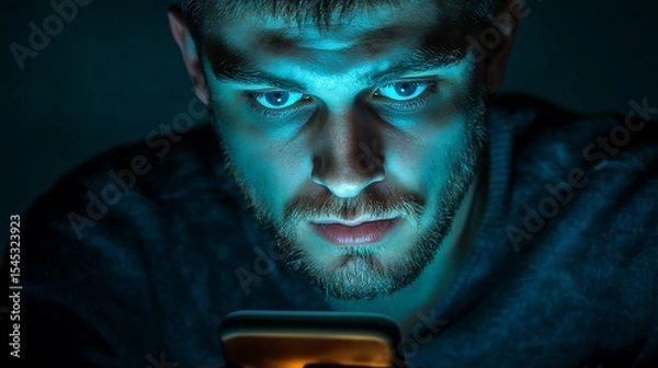 Fototapeta Close up of a man with a beard looking intently at a phone screen in a dark blue room