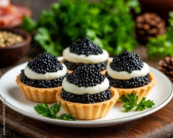 Obraz Tartlets with black caviar. A beautiful and original appetizer for the festive table.