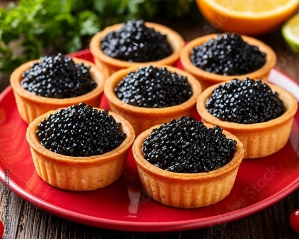 Obraz Tartlets with black caviar. A beautiful and original appetizer for the festive table.