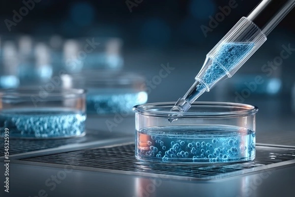 Fototapeta Laboratory technologist using a pipette to transfer liquid in petri dishes during an experiment at a research facility