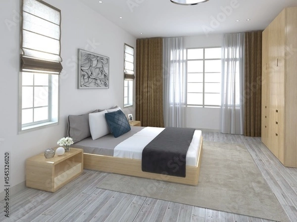 Fototapeta Mock up of a spacious bedroom with a fashionable comfortable bed and a stylish decorative background, 3D rendering.