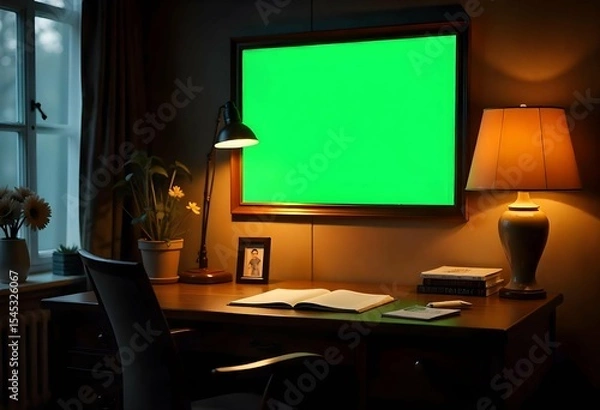 Fototapeta Room with framed green screen portrait above desk for inserting photo or educational campaign artwork