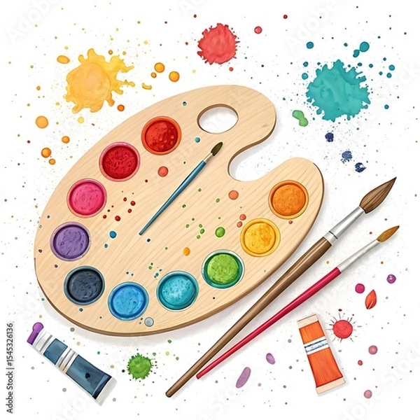 Obraz Artists palette with paint brushes and colors isolated on white background