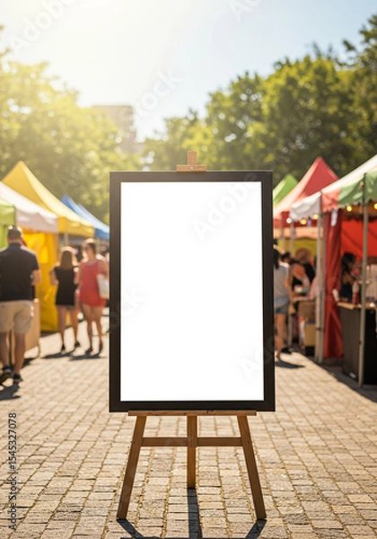 Fototapeta Blank poster frame mockup on an easel at a lively outdoor festival with colorful tents
