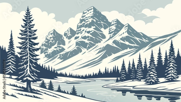 Obraz Vector flat winter landscape with snowy mountains, woods, spruce trees and fields covered with snow on blue sky