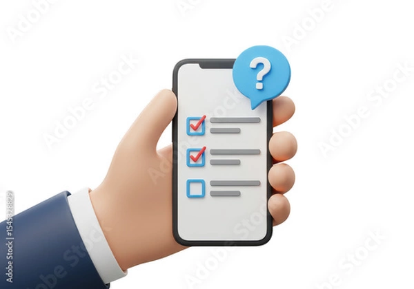 Obraz A 3d render of a hand holding a smartphone with a checklist and a question mark isolated on transparent background