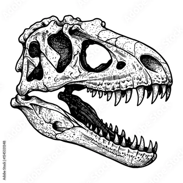 Fototapeta Tyrannosaurus Rex Dinosaur Skull Black and White Outline Line Art Drawing detailed engraving style