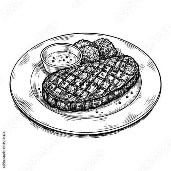 Fototapeta Delicious Cooked Steak with Sauce and Sides on Round Plate Black and White Outline Line Art Drawing