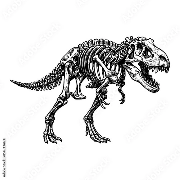 Fototapeta Tyrannosaurus Rex Skeleton Fossil Black and White Outline Line Art Drawing Vintage Engraving Style Side View