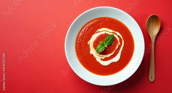 Obraz Top view of bright red tomato soup in white ceramic bowl, wooden spoon lying next to bowl.