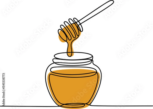 Fototapeta  single-line drawing of a honey jar with dipper in continuous line art style on white background