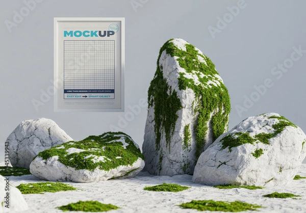 Obraz Floating Vertical Frame Poster Mockup with Stones and Grass Scene