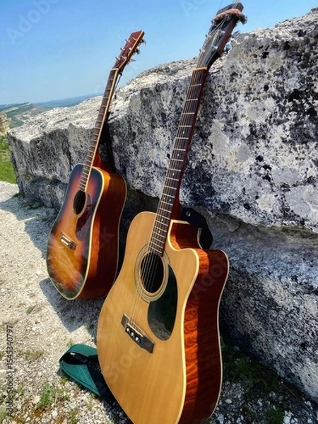 Obraz two guitars stood near a rock in nature
