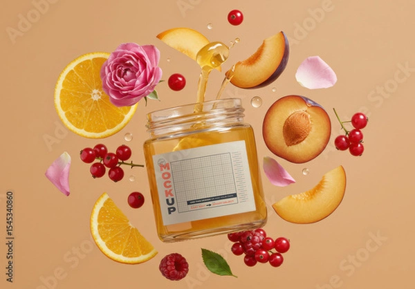 Obraz Honey Jar and Fruits Flowers Label Mockup