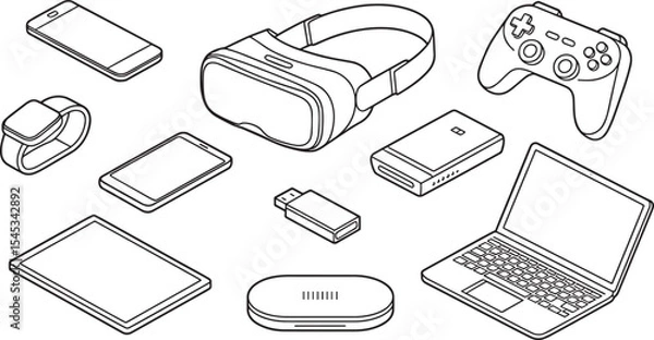 Fototapeta Isometric Line Art Illustration of Modern Gadgets Smartwatch Smartphone Tablet Laptop V R Headset Game