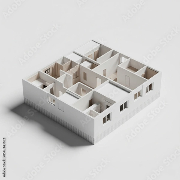 Fototapeta 3D render of an isometric house model within a labyrinth, illustrating a unique architectural design and residential property concept