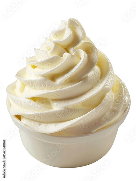 Fototapeta A creamy swirl of soft serve ice cream topped in a small white cup, showcasing its smooth texture and inviting appearance.