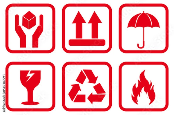 Obraz Packaging & Warning Symbols Vector Set, Package Warning Symbols, Fragile, Handle with Care, Flammable, recycle, This Side Up, Delivery, Shipping Icons on white background. Fragile and handle with Care