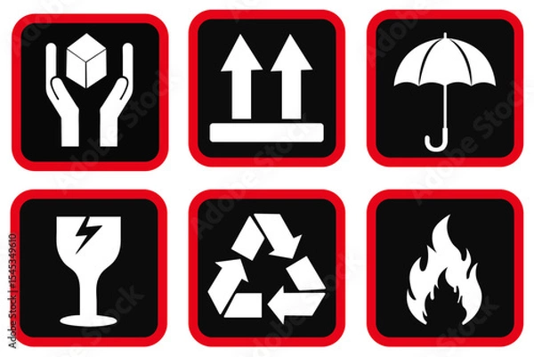 Obraz Handling and packing symbols icon set including fragile on white background. Packaging Symbols on cardboard box. Packaging symbols. Handle with care. Fragile icon