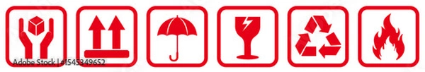 Obraz Packaging & Warning Symbols Vector Set, Package Warning Symbols, Fragile, Handle with Care, Flammable, This Side Up, Delivery & Shipping Icons on white background. 