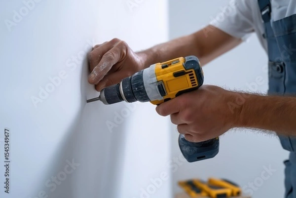 Obraz Skilled worker using a cordless drill to install fixtures on a wall indoors during renovation work