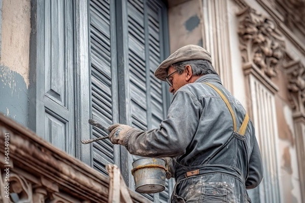 Obraz Skilled artisan restoring wooden shutters on historic building during daylight hours in a bustling city area