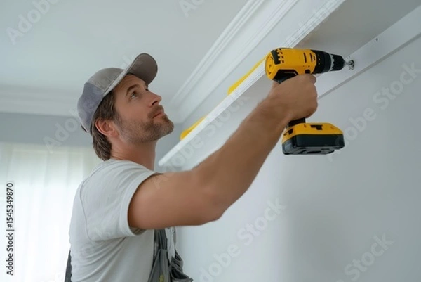 Obraz Home improvement project involves a man using a drill to install a shelf in a modern living room
