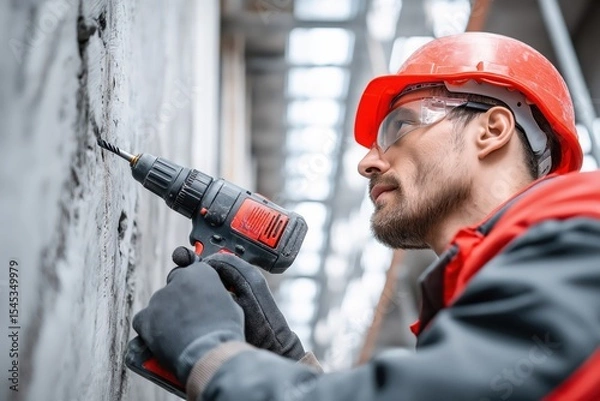 Obraz Skilled worker using power drill on construction site indoors during daylight hours
