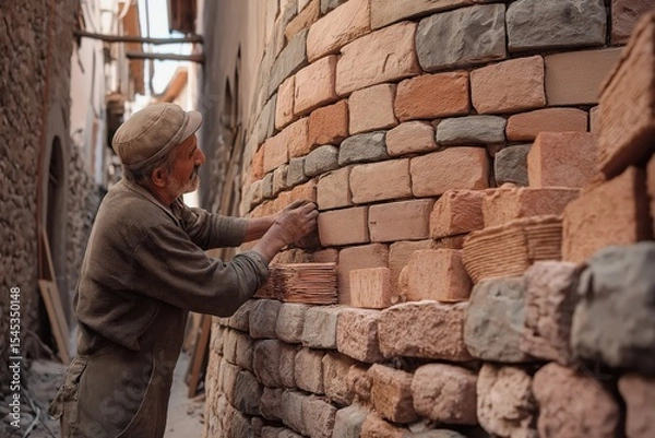 Fototapeta Skilled artisan constructs a wall with traditional bricks in a rustic setting during daylight hours